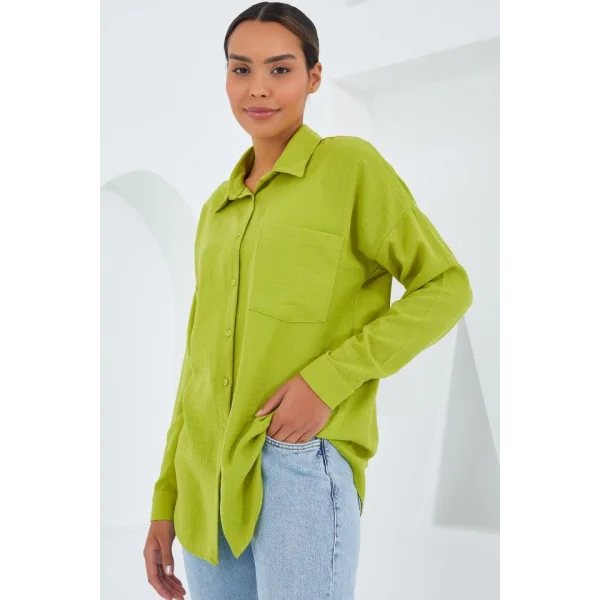 20153 Tek Cepli Oversize Keten Gömlek  Yağ Yeşil
