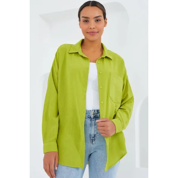 20153 Tek Cepli Oversize Keten Gömlek  Yağ Yeşil