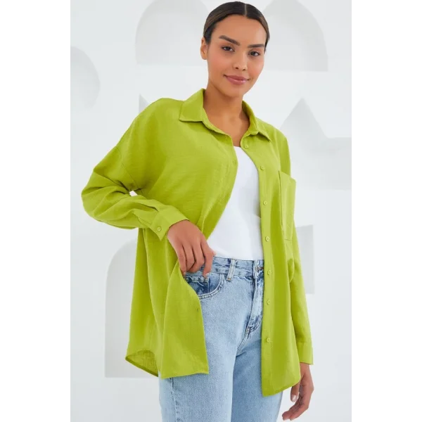 20153 Tek Cepli Oversize Keten Gömlek  Yağ Yeşil