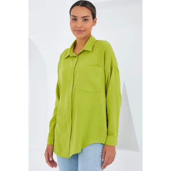 20153 Tek Cepli Oversize Keten Gömlek  Yağ Yeşil