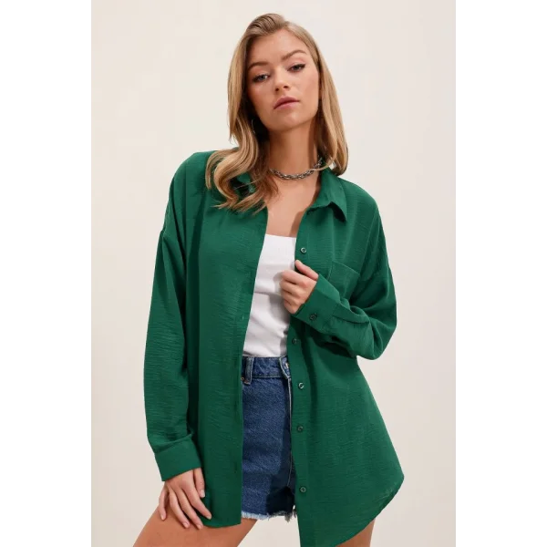 20153 Tek Cepli Oversize Keten Gömlek  Zümrüt Yeşili
