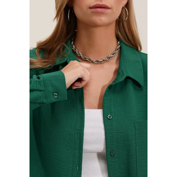 20153 Tek Cepli Oversize Keten Gömlek  Zümrüt Yeşili