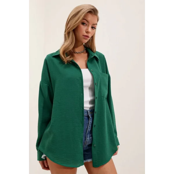 20153 Tek Cepli Oversize Keten Gömlek  Zümrüt Yeşili