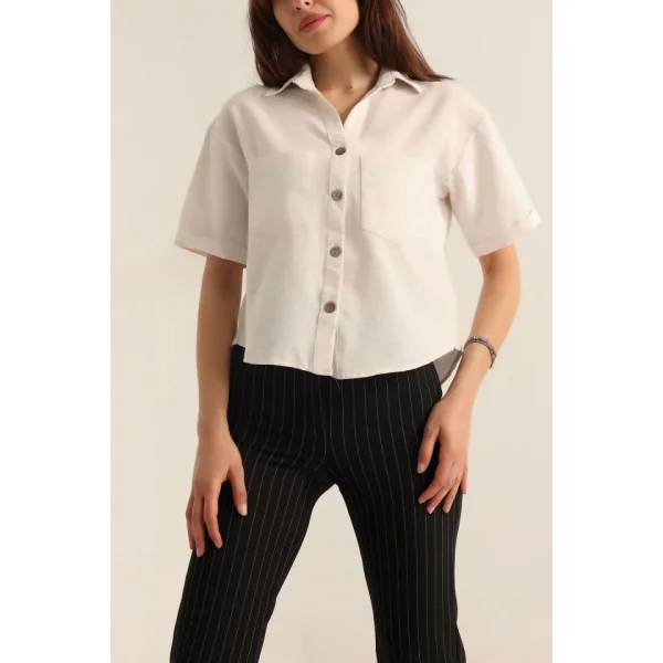 20180 Çift Cepli Keten Gömlek  Taş