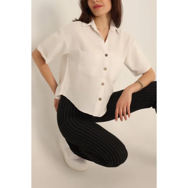 20180 Çift Cepli Keten Gömlek  Taş