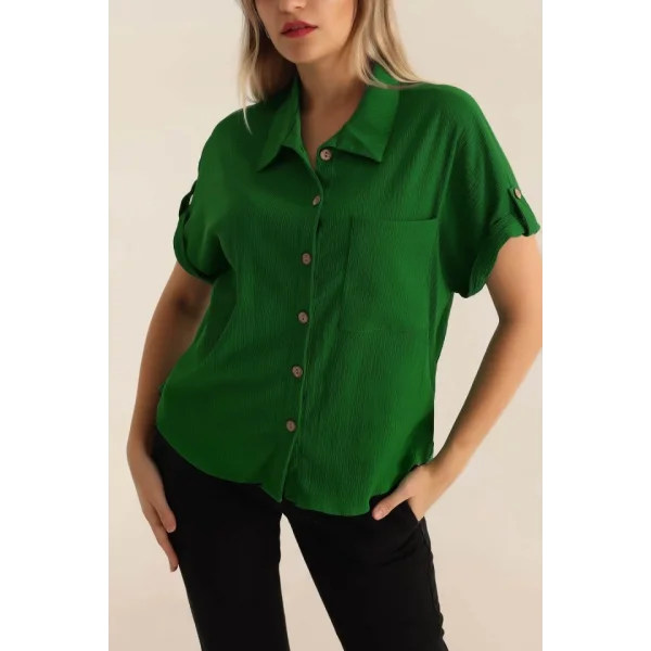 20182 - Duble Kol Bayan Krinkıl Gömlek - Yeşil