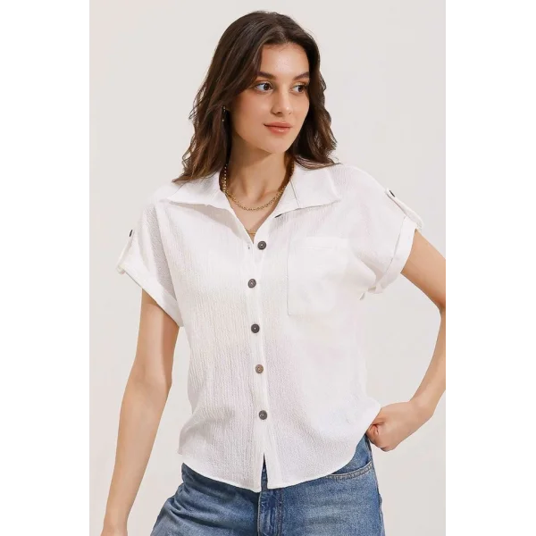 20187 Kısa Kol Oversize Örme Gömlek  Beyaz