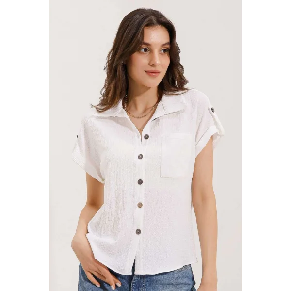 20187 Kısa Kol Oversize Örme Gömlek  Beyaz