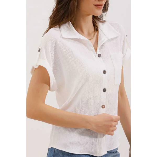 20187 Kısa Kol Oversize Örme Gömlek  Beyaz