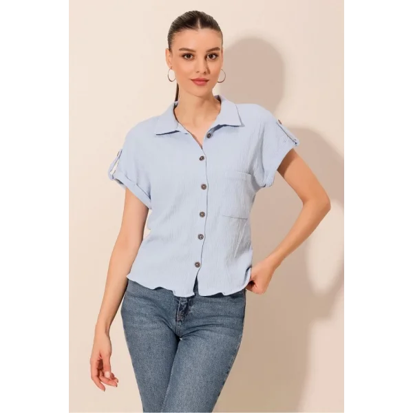20187 Kısa Kol Oversize Örme Gömlek  Mavi