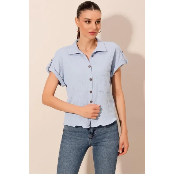 20187 Kısa Kol Oversize Örme Gömlek  Mavi