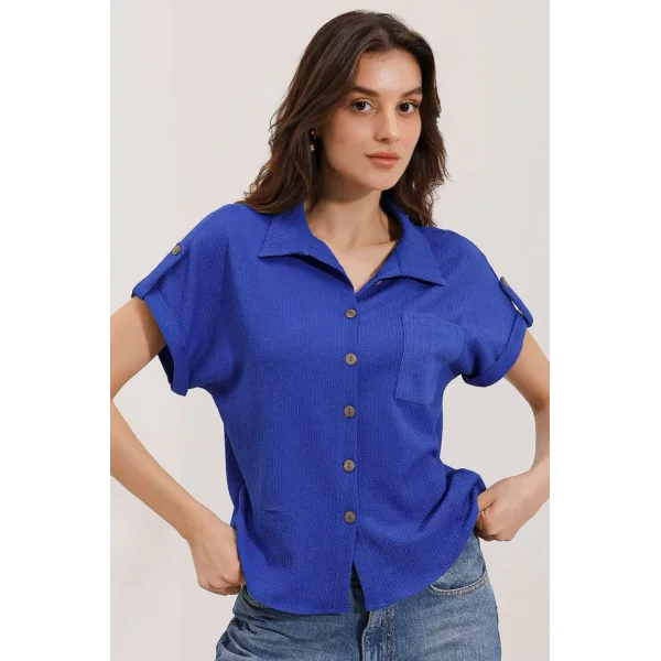 20187 Kısa Kol Oversize Örme Gömlek  Saks