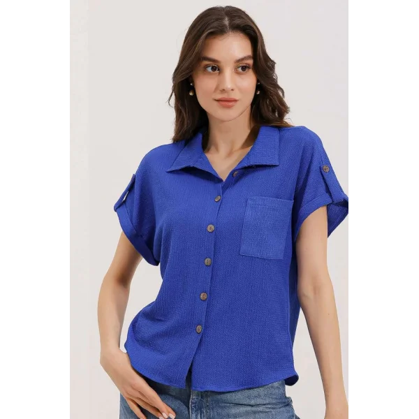 20187 Kısa Kol Oversize Örme Gömlek  Saks