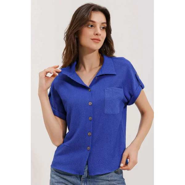 20187 Kısa Kol Oversize Örme Gömlek  Saks