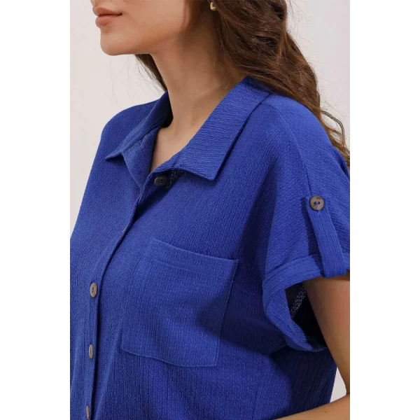 20187 Kısa Kol Oversize Örme Gömlek  Saks