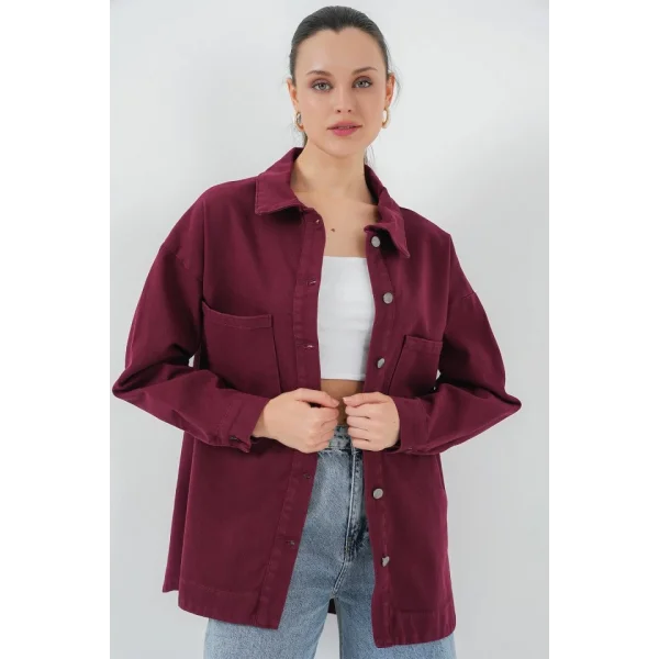 20192 Oversize Gabardin Gömlek Ceket - Bordo