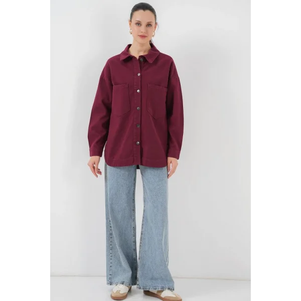 20192 Oversize Gabardin Gömlek Ceket - Bordo
