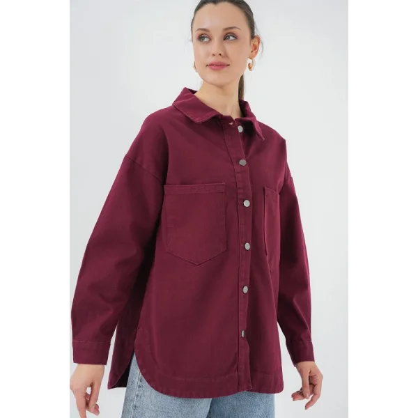 20192 Oversize Gabardin Gömlek Ceket - Bordo