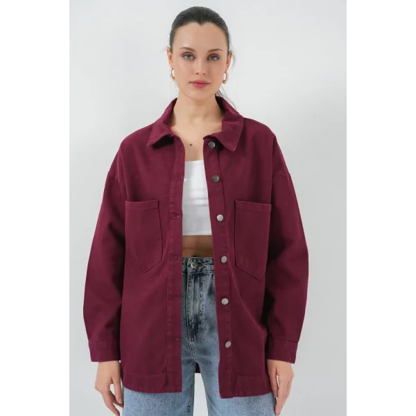 20192 Oversize Gabardin Gömlek Ceket - Bordo