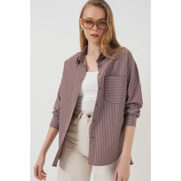 20205 Çizgili Oversize Gömlek  Kahverengi