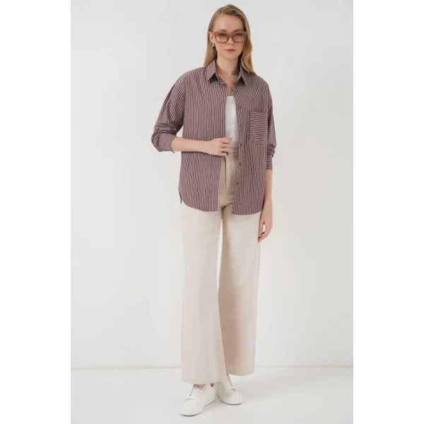 20205 Çizgili Oversize Gömlek  Kahverengi