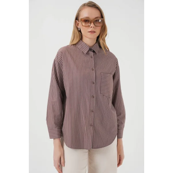 20205 Çizgili Oversize Gömlek  Kahverengi