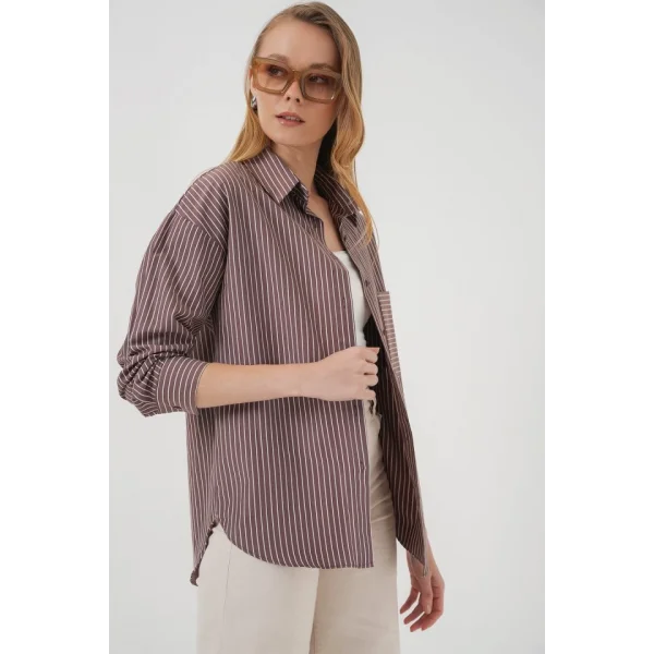 20205 Çizgili Oversize Gömlek  Kahverengi