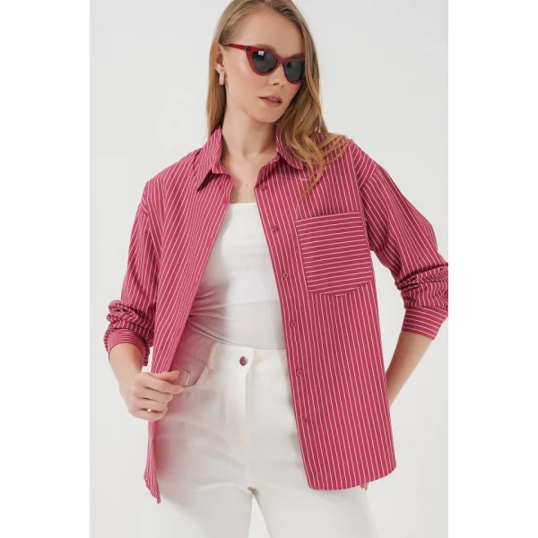 20205 Çizgili Oversize Gömlek  Kırmızı