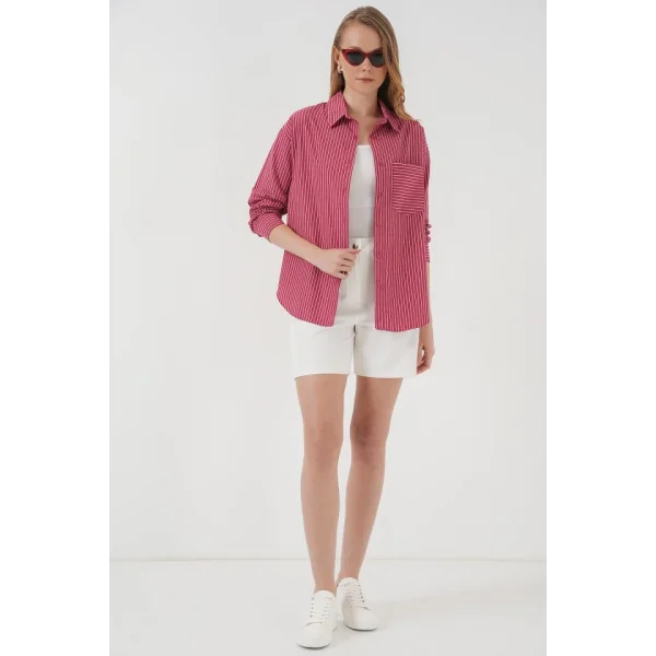 20205 Çizgili Oversize Gömlek  Kırmızı