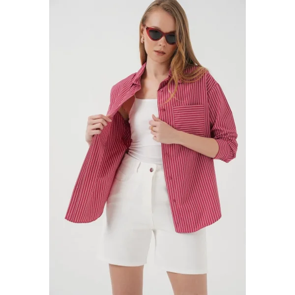 20205 Çizgili Oversize Gömlek  Kırmızı