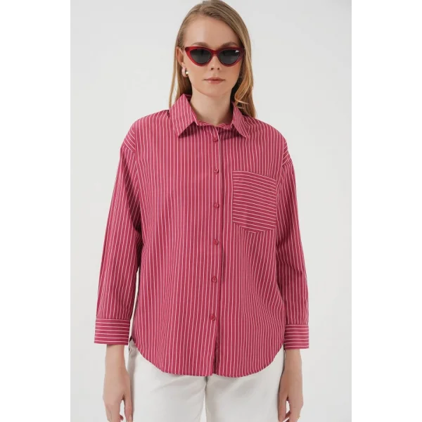 20205 Çizgili Oversize Gömlek  Kırmızı