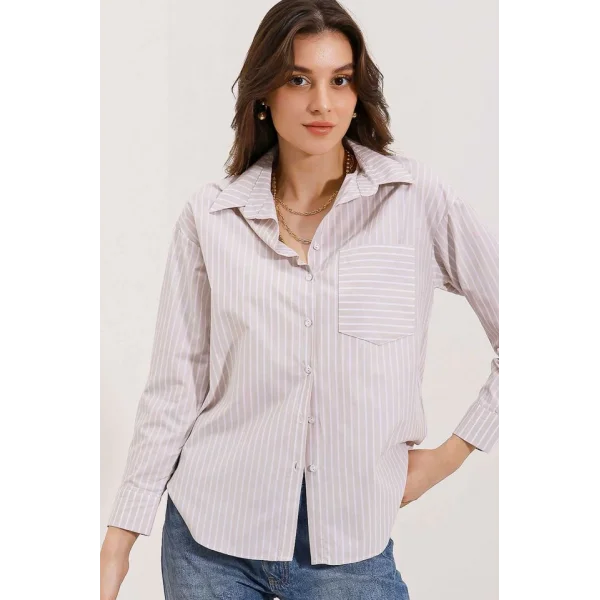 20205 Çizgili Oversize Gömlek  Krem