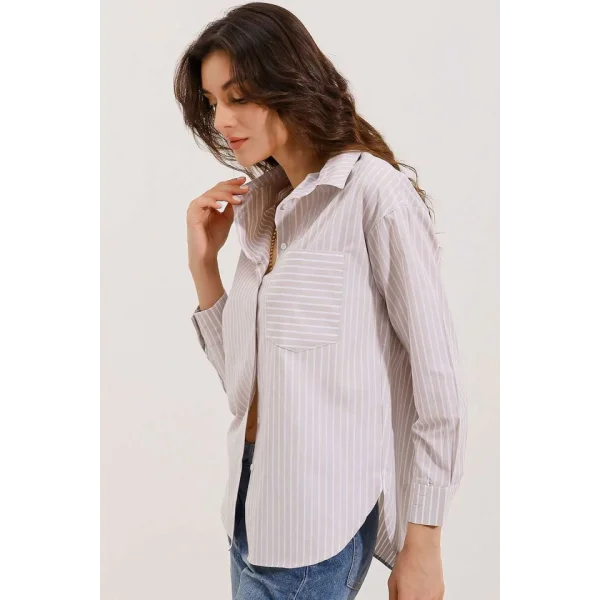 20205 Çizgili Oversize Gömlek  Krem
