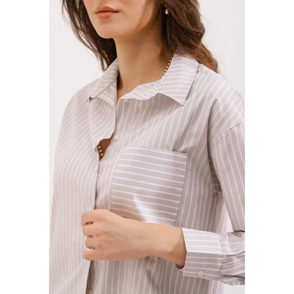 20205 Çizgili Oversize Gömlek  Krem