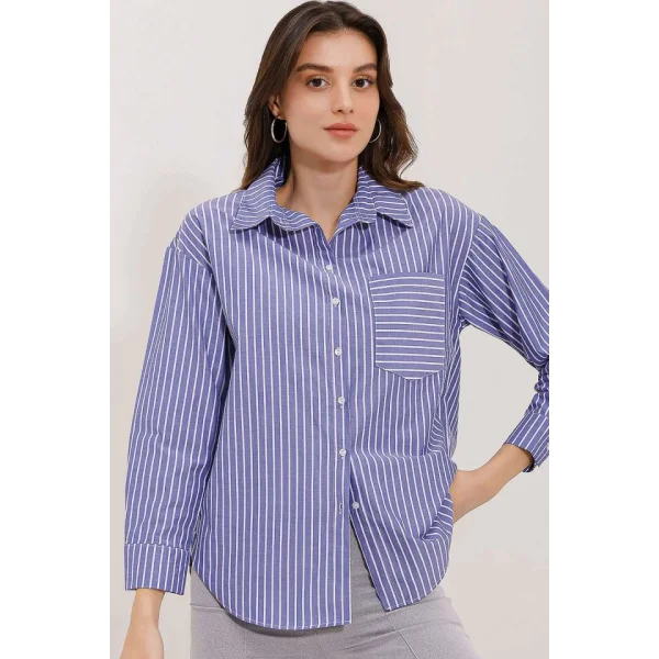 20205 Çizgili Oversize Gömlek  Lacivert