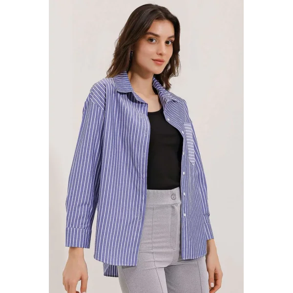 20205 Çizgili Oversize Gömlek  Lacivert