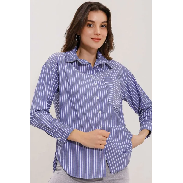 20205 Çizgili Oversize Gömlek  Lacivert