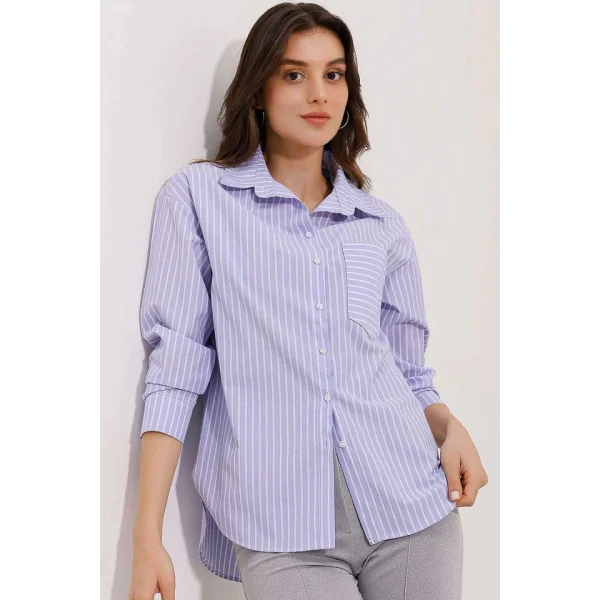 20205 Çizgili Oversize Gömlek  Mavi