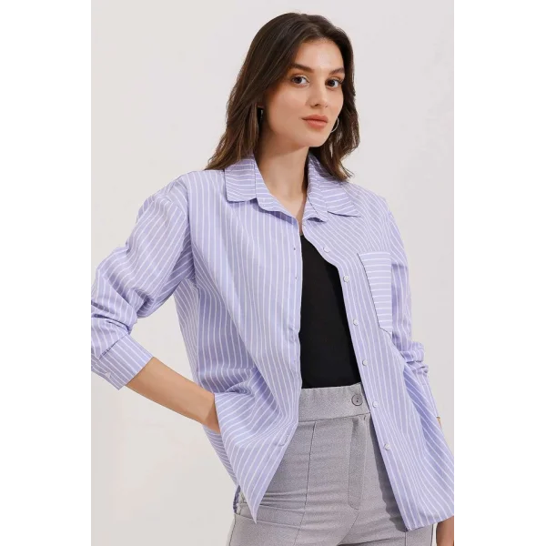 20205 Çizgili Oversize Gömlek  Mavi