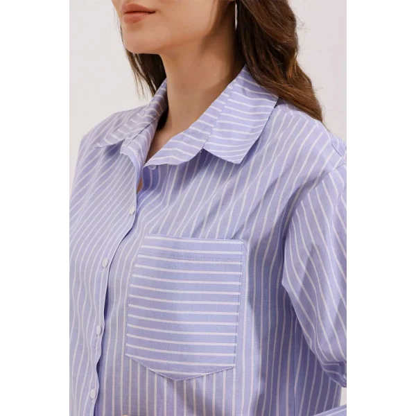 20205 Çizgili Oversize Gömlek  Mavi