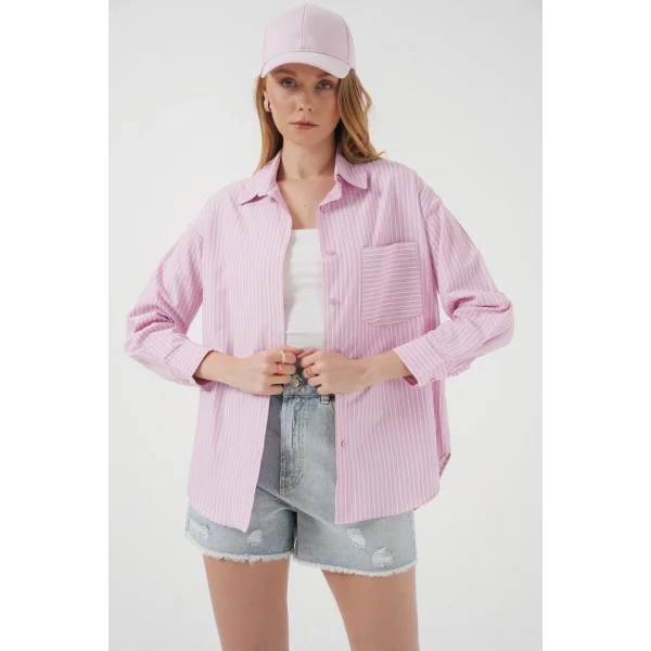 20205 Çizgili Oversize Gömlek  Pudra