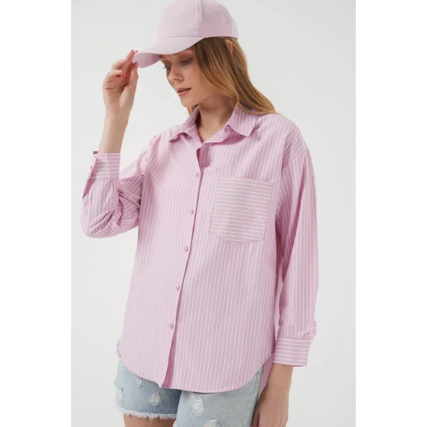 20205 Çizgili Oversize Gömlek  Pudra