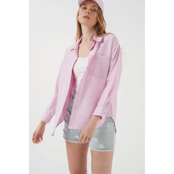 20205 Çizgili Oversize Gömlek  Pudra