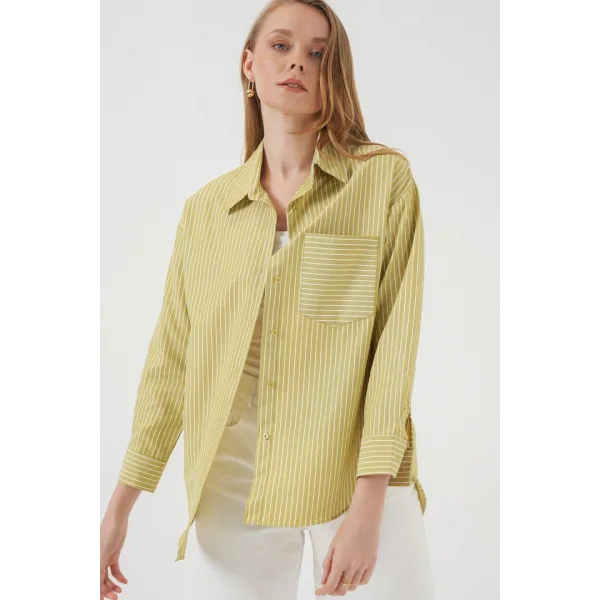 20205 Çizgili Oversize Gömlek  Yağ Yeşil