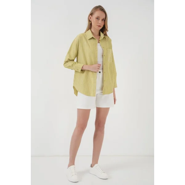 20205 Çizgili Oversize Gömlek  Yağ Yeşil