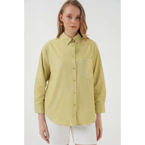 20205 Çizgili Oversize Gömlek  Yağ Yeşil