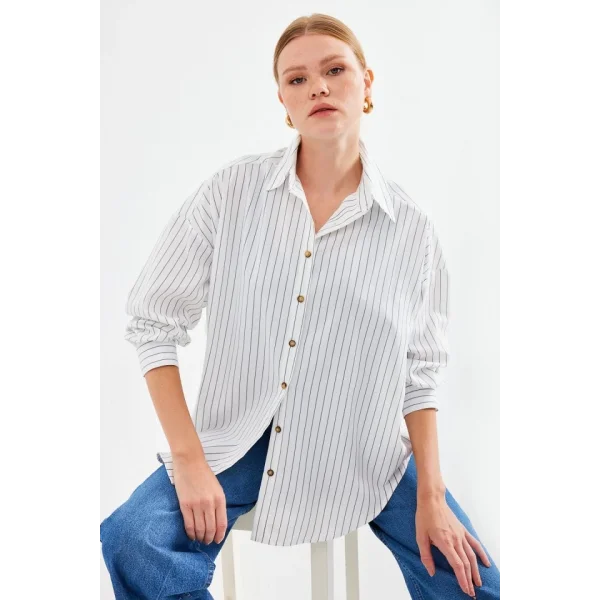 20208 Çizgili Oversize Uzun Basic Gömlek  Beyaz
