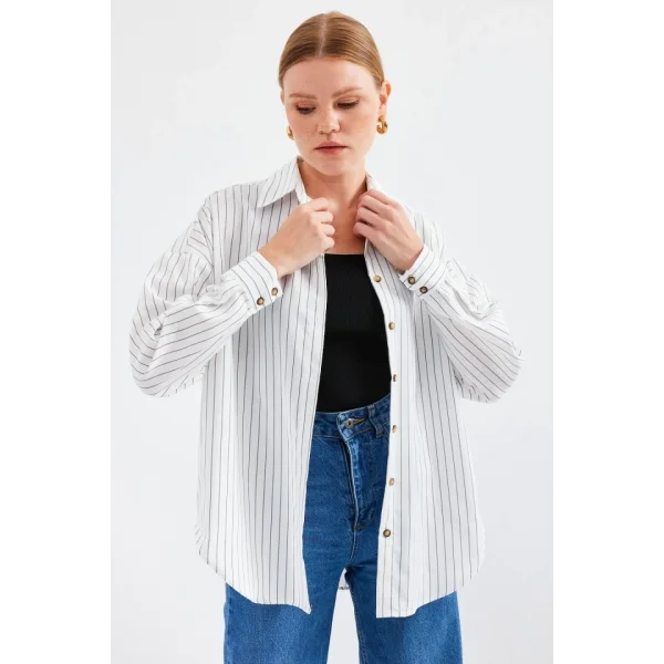 20208 Çizgili Oversize Uzun Basic Gömlek  Beyaz