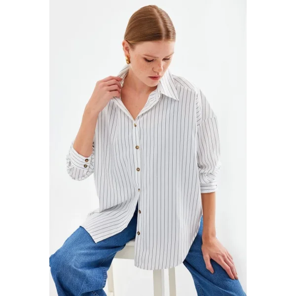 20208 Çizgili Oversize Uzun Basic Gömlek  Beyaz