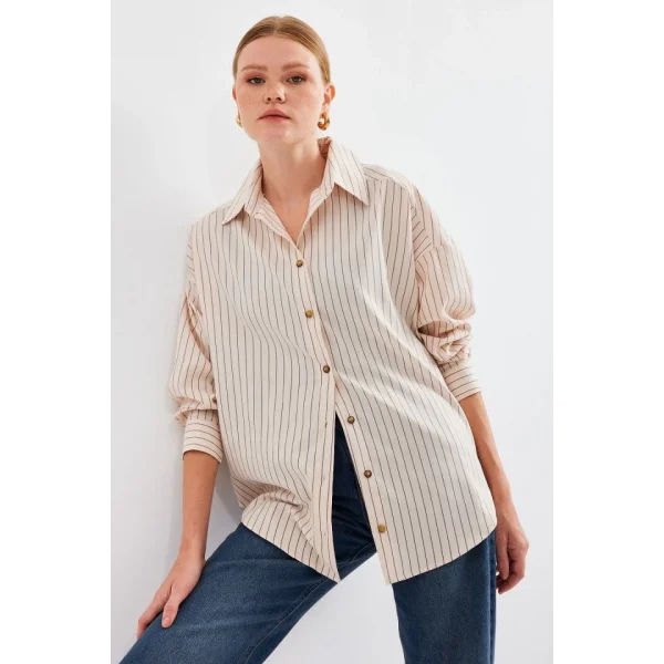 20208 Çizgili Oversize Uzun Basic Gömlek  Krem